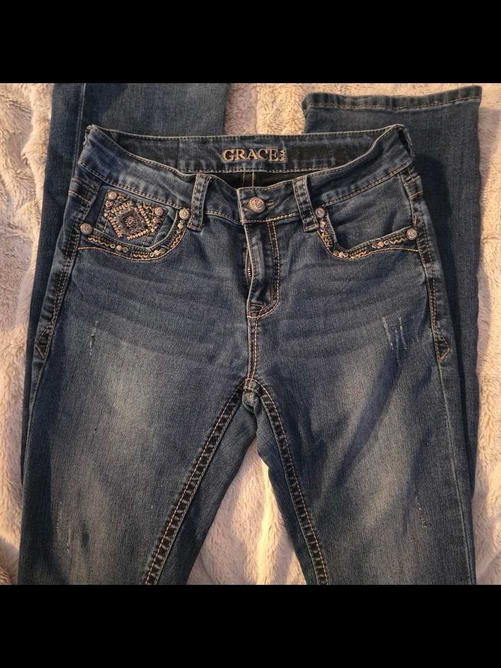 Grace Embroidered Pocket Bootcut Jeans in Blue Lots Of Stretch